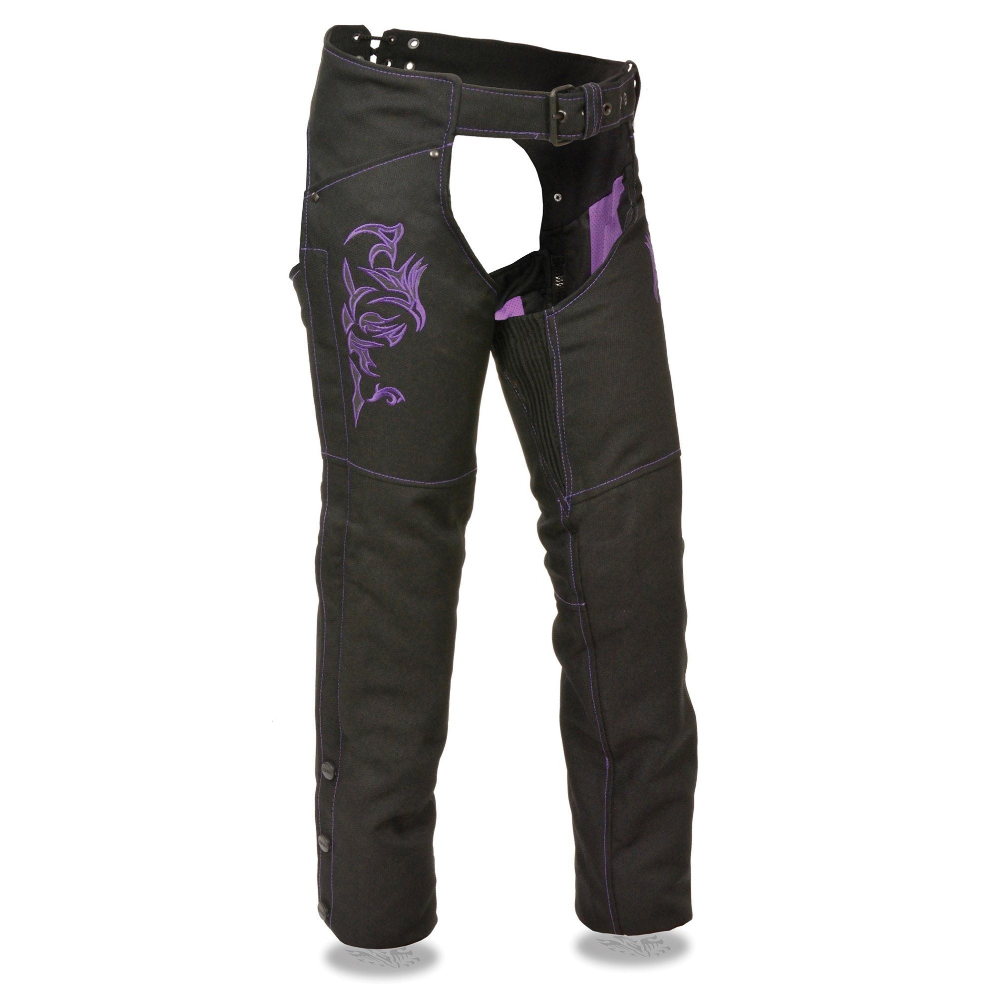 SH1182 Women's Black with Purple Textile Motorcycle Riding Chaps with Tribal Embroidery