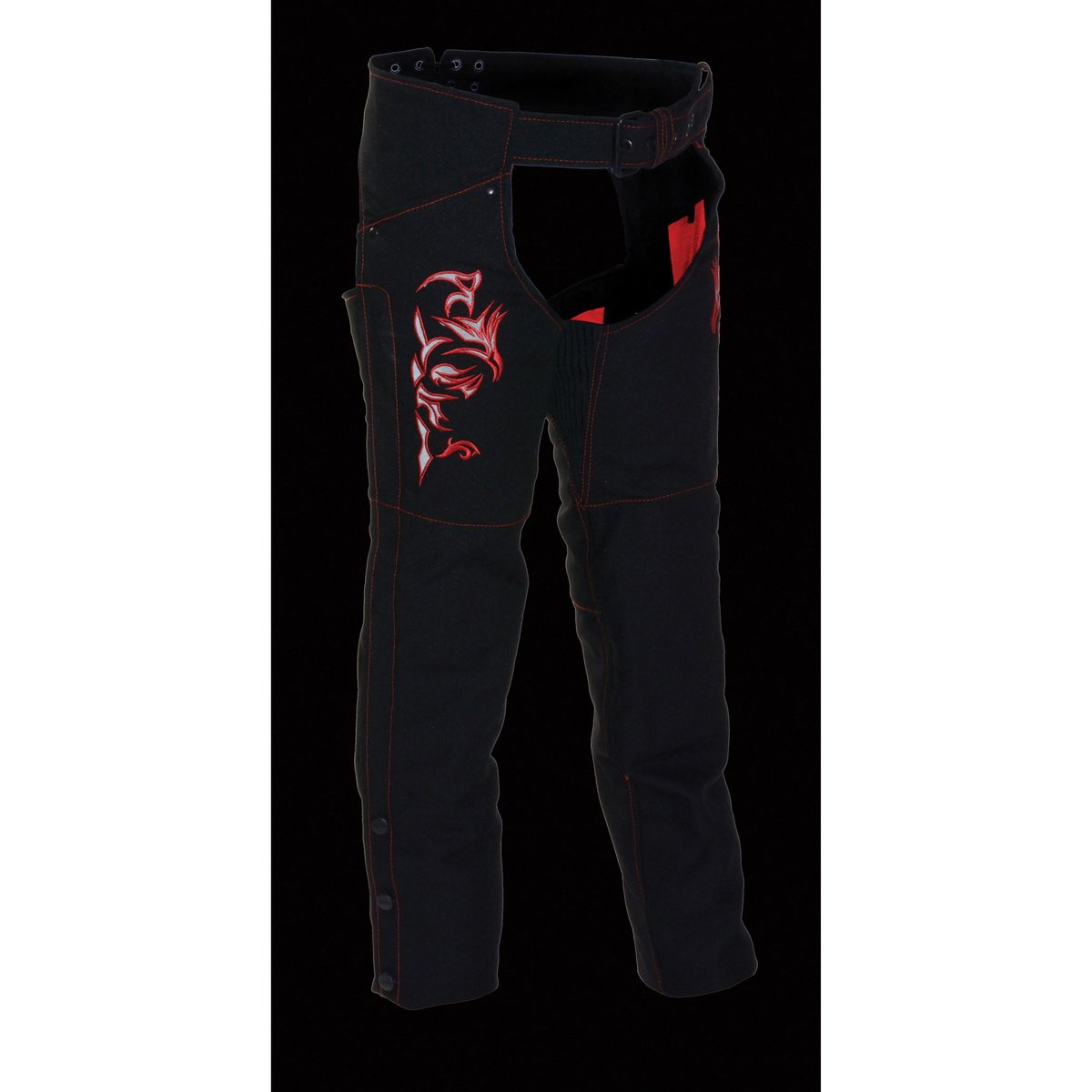 SH1182 Women's Black with Red Textile Motorcycle Riding Chaps with Tribal Embroidery