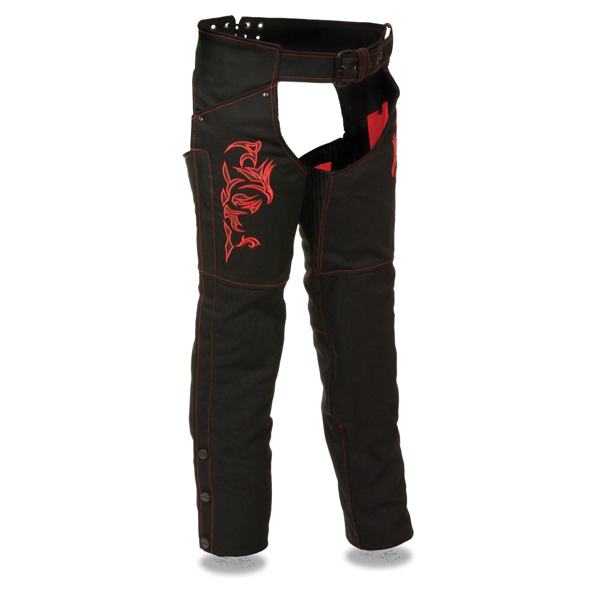 SH1182 Women's Black with Red Textile Motorcycle Riding Chaps with Tribal Embroidery