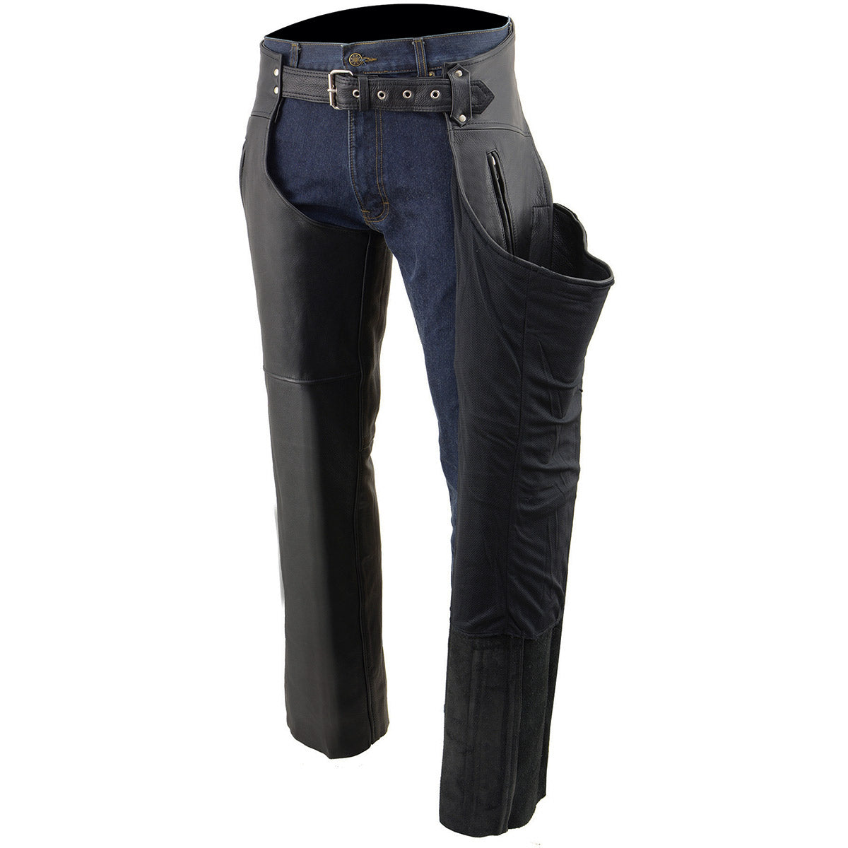Chaps for Men's Black Prime Leather Zipped Thigh Pocket-Mesh Lined Motorcycle Rider Chap-SH1190
