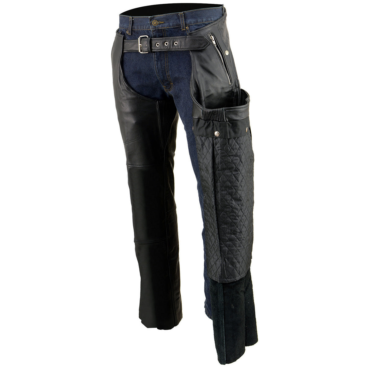 Chaps for Men's Black Leather 4-Pockets - Snap Out Thermal Lined Motorcycle Riders Chap - SH1191C