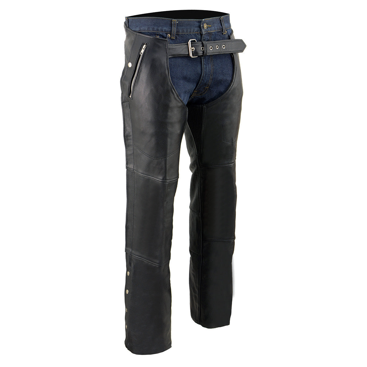 Chaps for Men's Black Leather 4-Pockets - Snap Out Thermal Lined Motorcycle Riders Chap - SH1191C