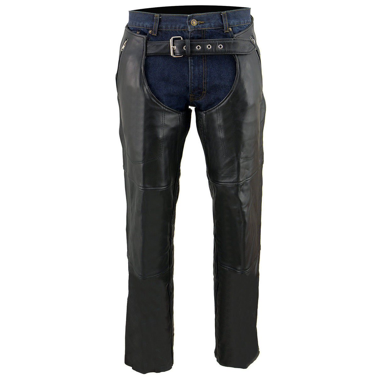 Chaps for Men's Black Leather 4-Pockets - Snap Out Thermal Lined Motorcycle Riders Chap - SH1191C