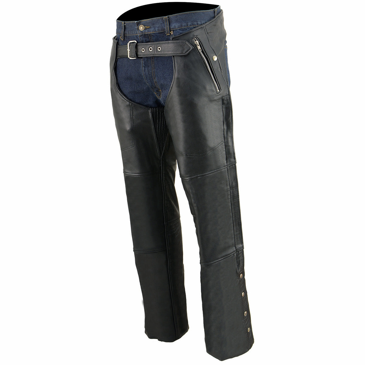 Chaps for Men's Black Leather 4-Pockets - Snap Out Thermal Lined Motorcycle Riders Chap - SH1191C