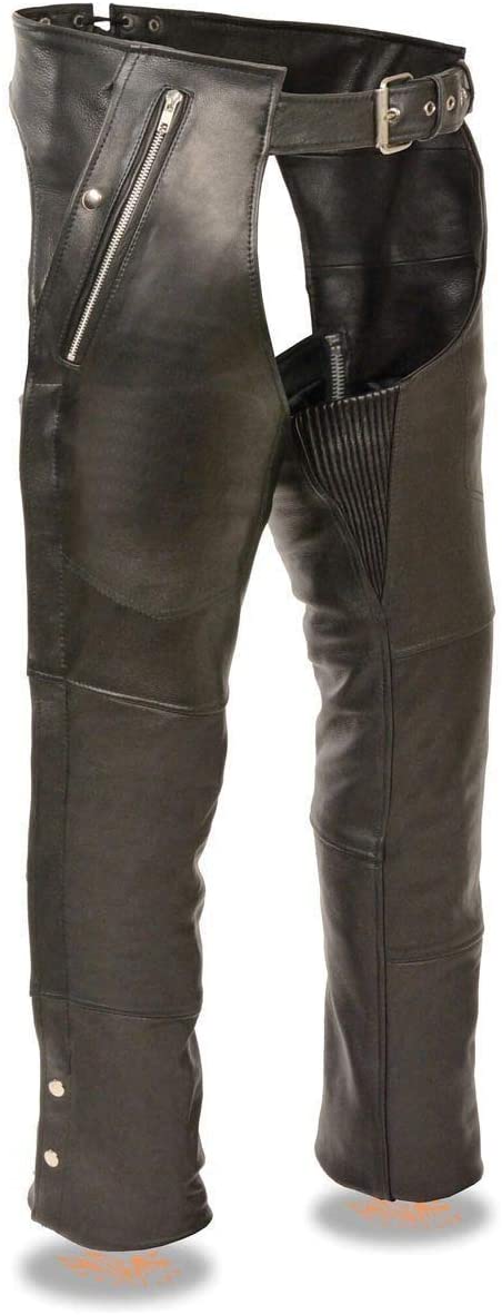 Chaps for Men's Black Leather 4-Pockets - Snap Out Thermal Lined Motorcycle Riders Chap - SH1191C