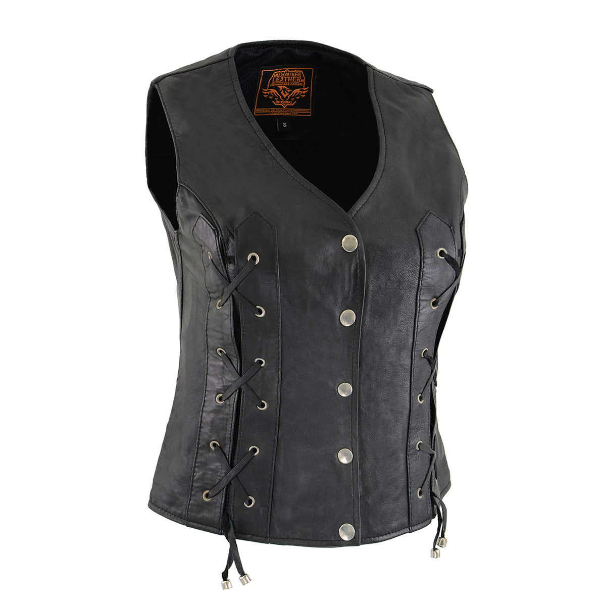 SH1216 Ladies Black Leather Vest with Front Laces