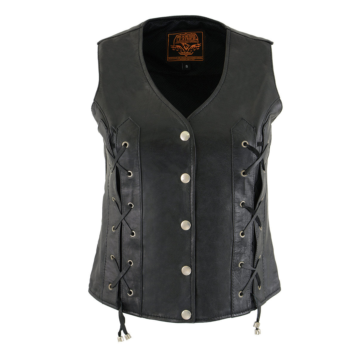 SH1216 Ladies Black Leather Vest with Front Laces