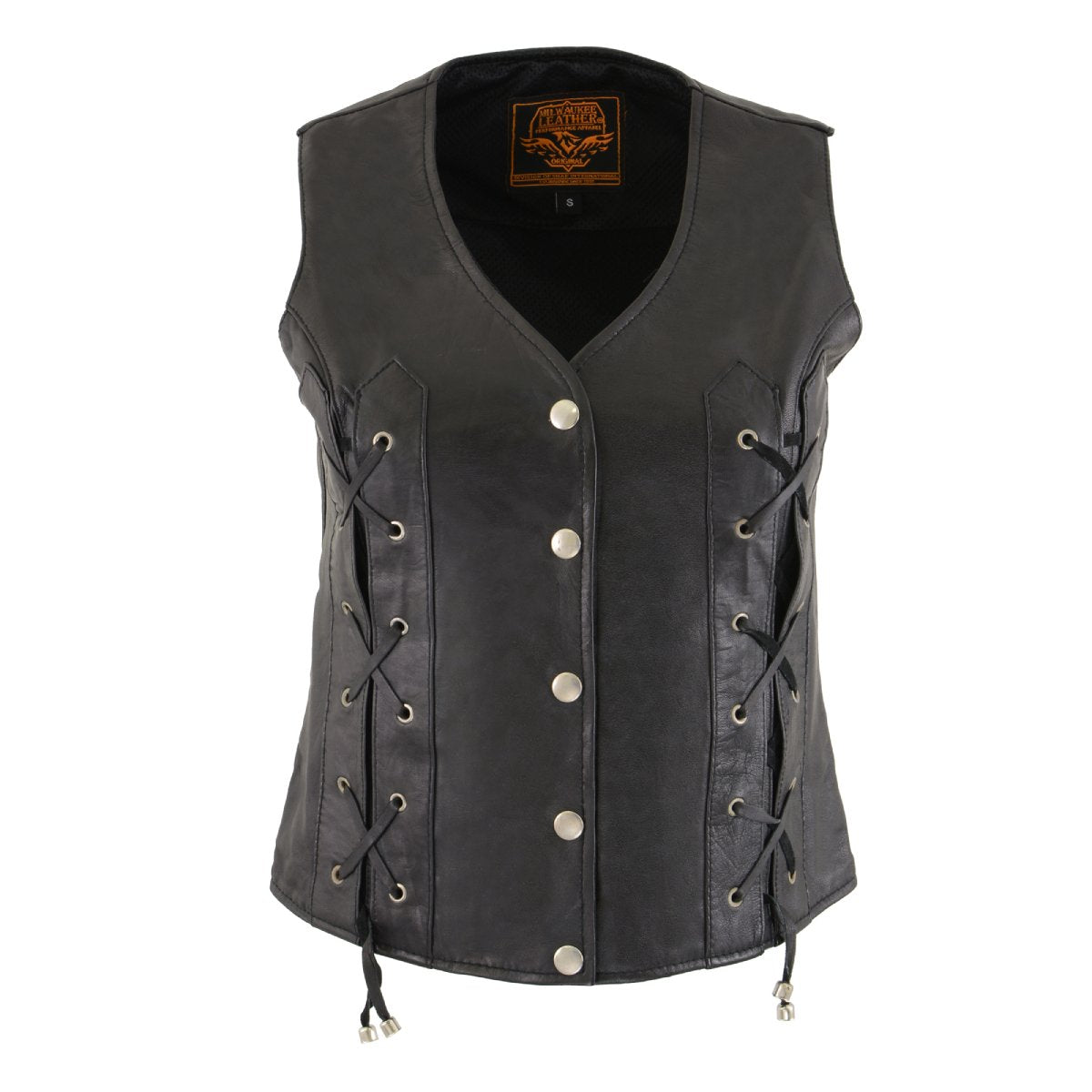 SH1216 Ladies Black Leather Vest with Front Laces