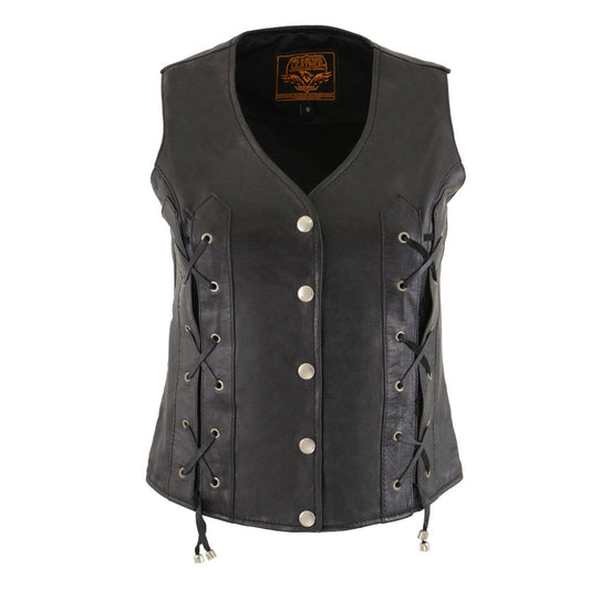 SH1216 Ladies Black Leather Vest with Front Laces