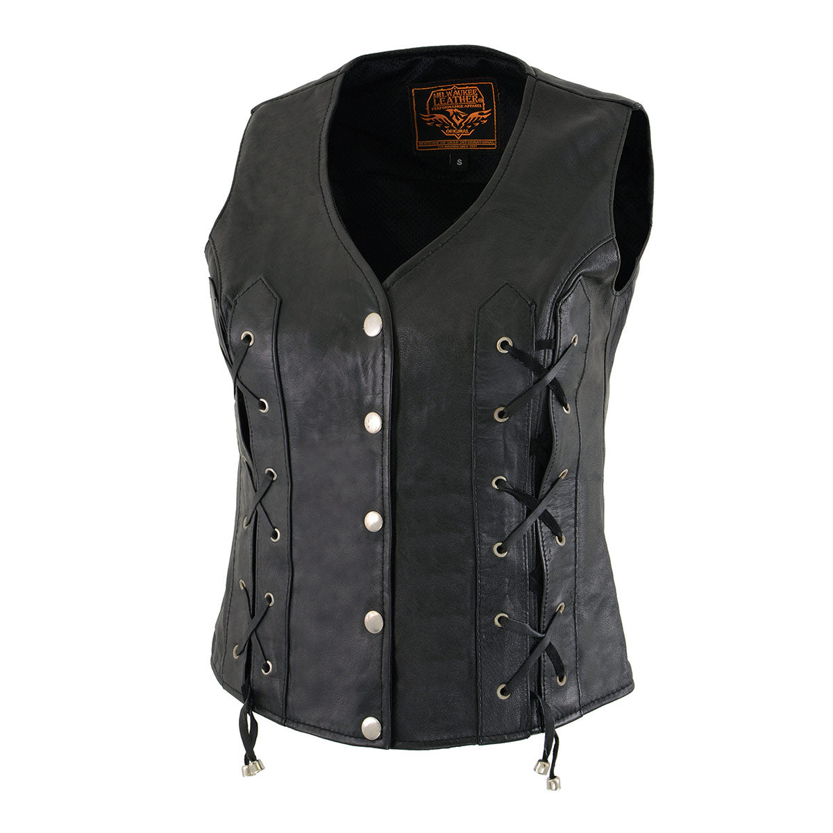 SH1216 Ladies Black Leather Vest with Front Laces