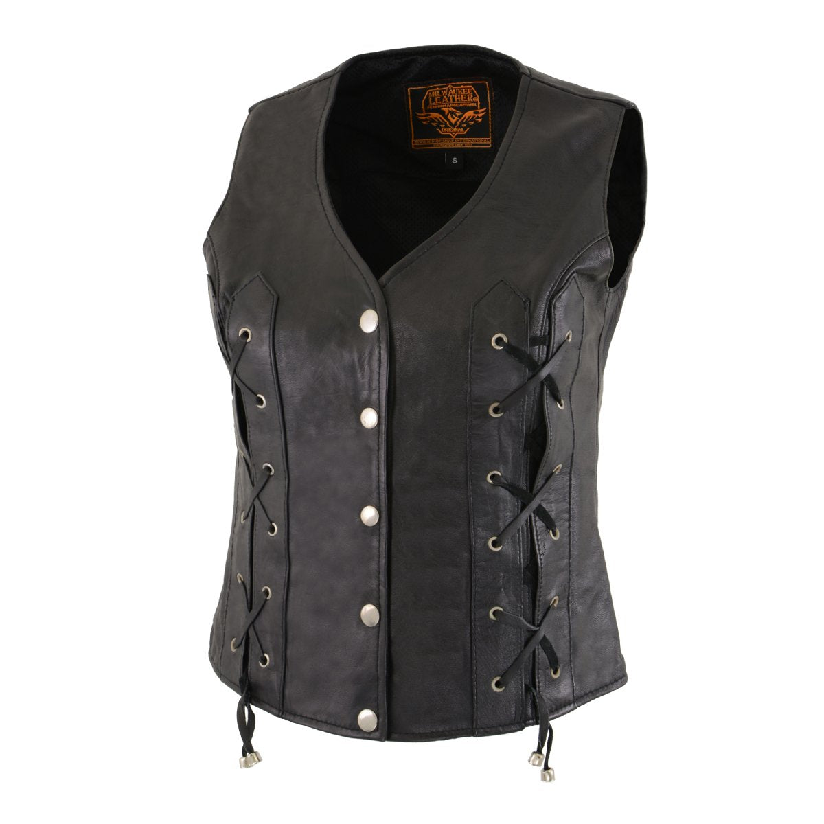 SH1216 Ladies Black Leather Vest with Front Laces