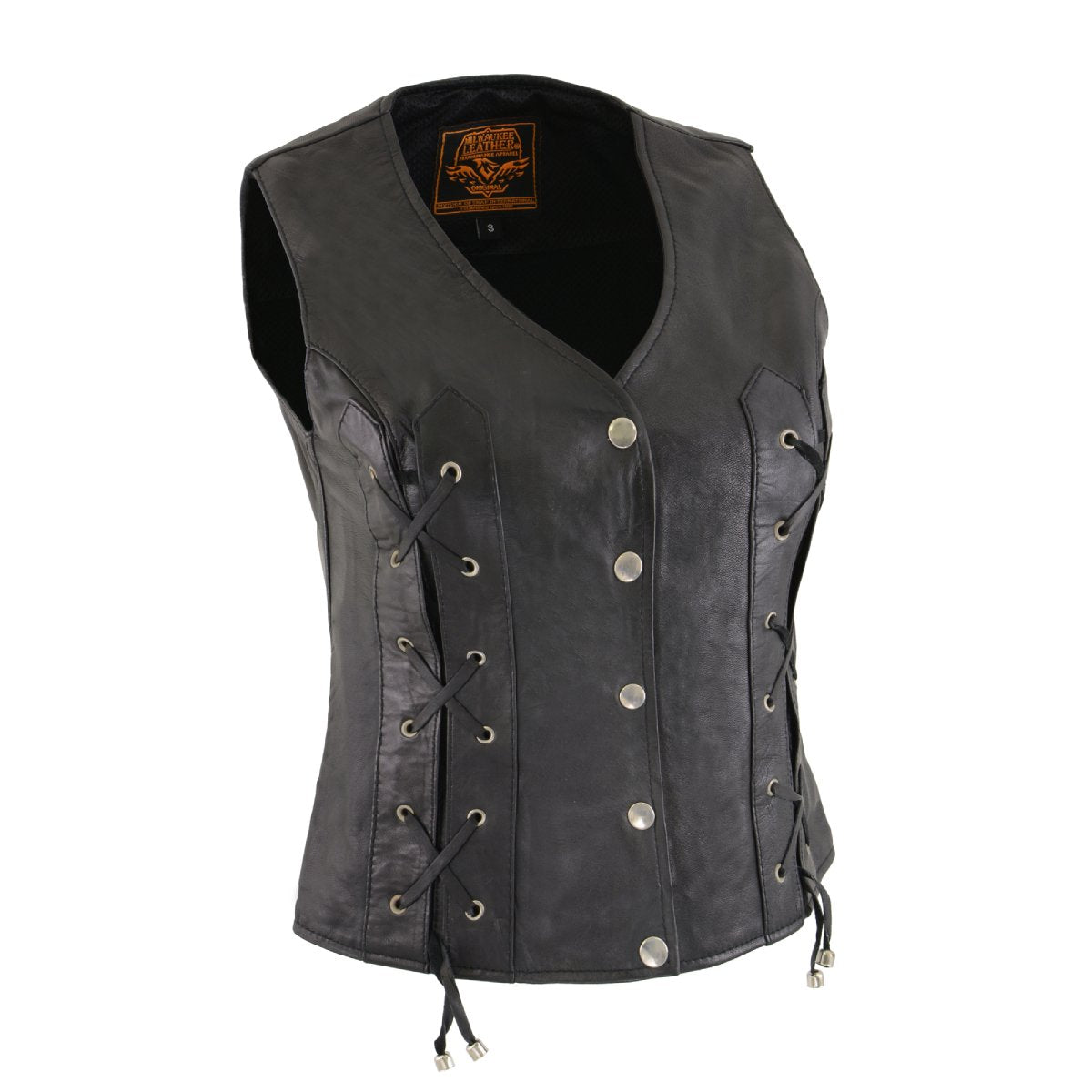SH1216 Ladies Black Leather Vest with Front Laces