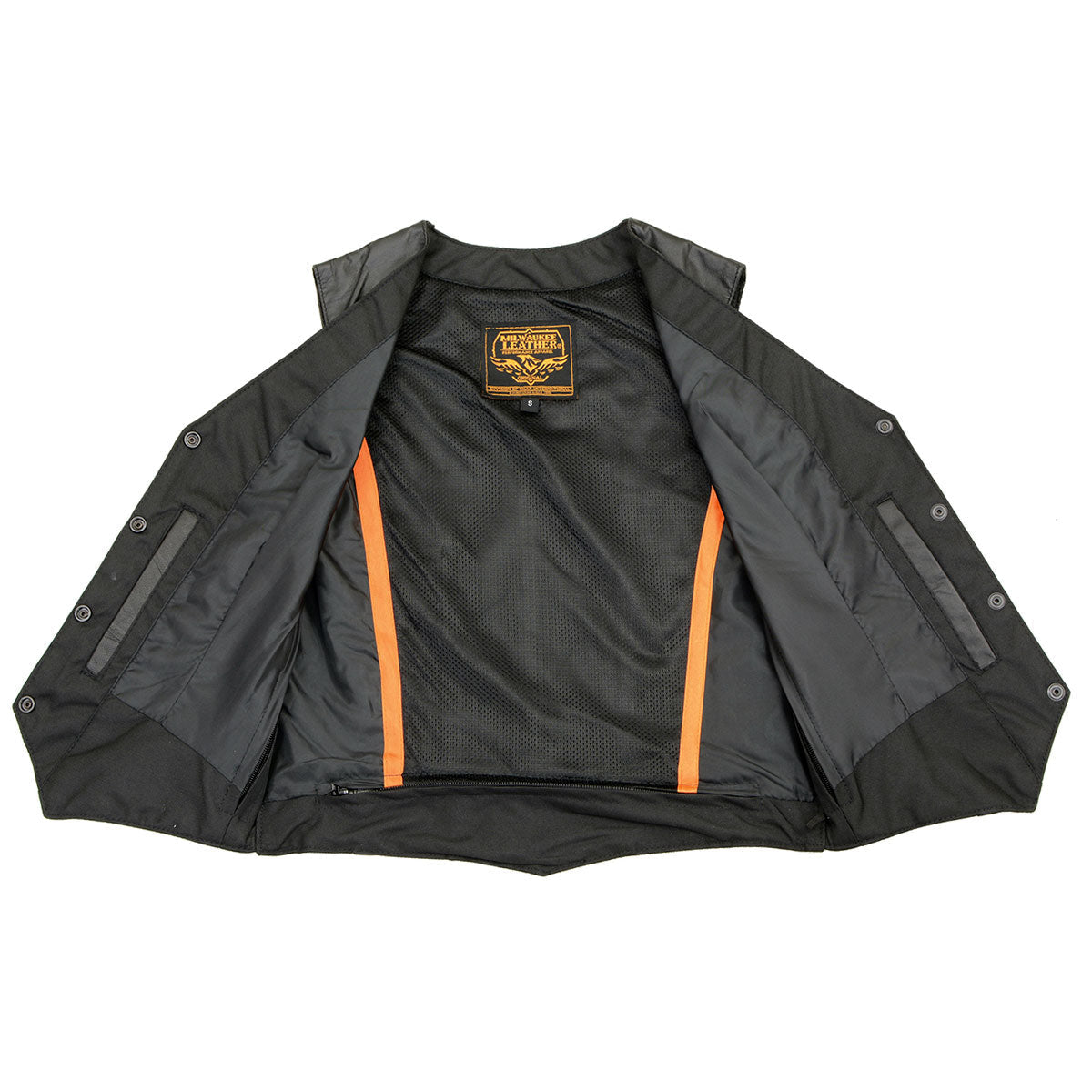 SH1227 Women's Black Leather Classic Western Motorcycle Rider Vest- Front 4-Snap Button Closure