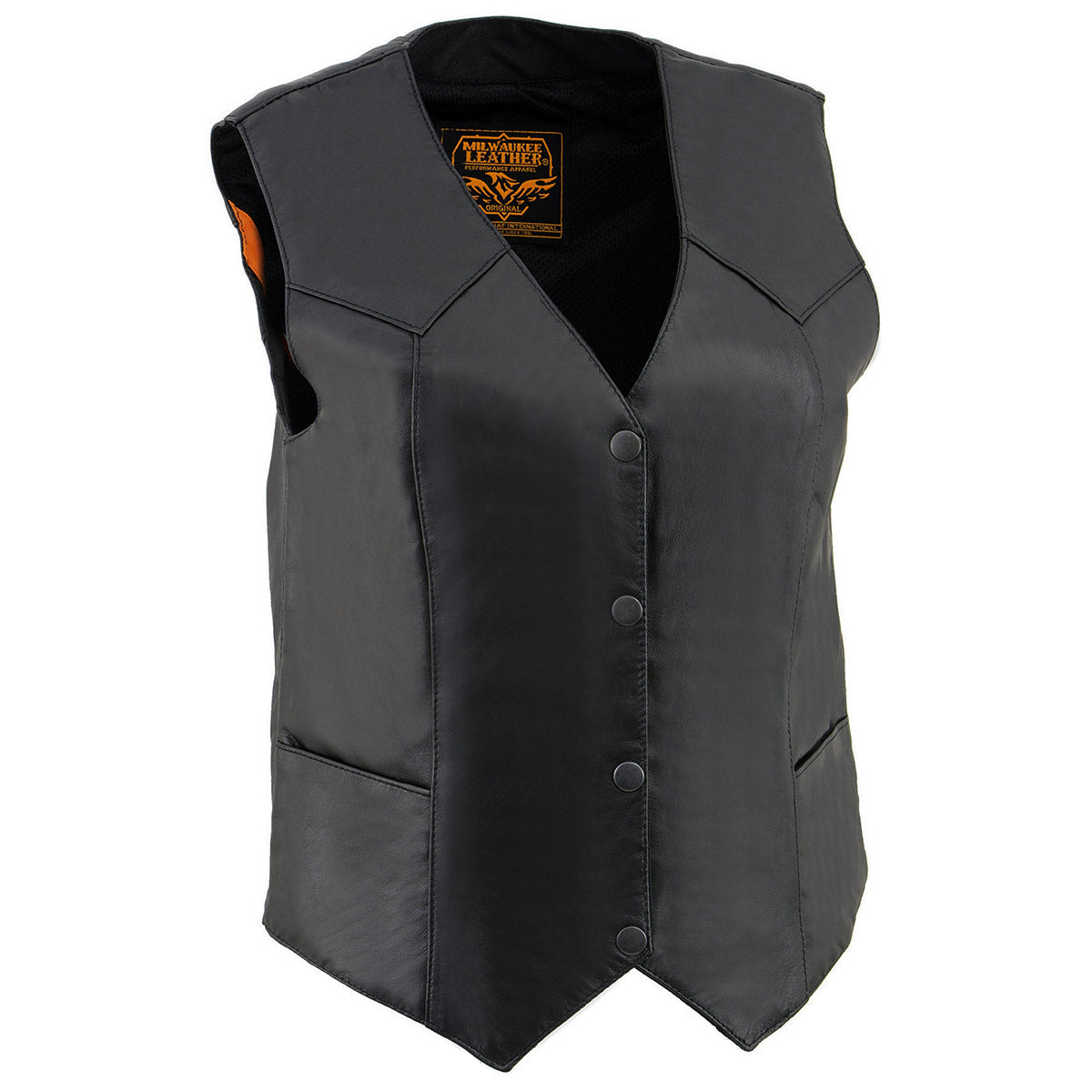 SH1227 Women's Black Leather Classic Western Motorcycle Rider Vest- Front 4-Snap Button Closure