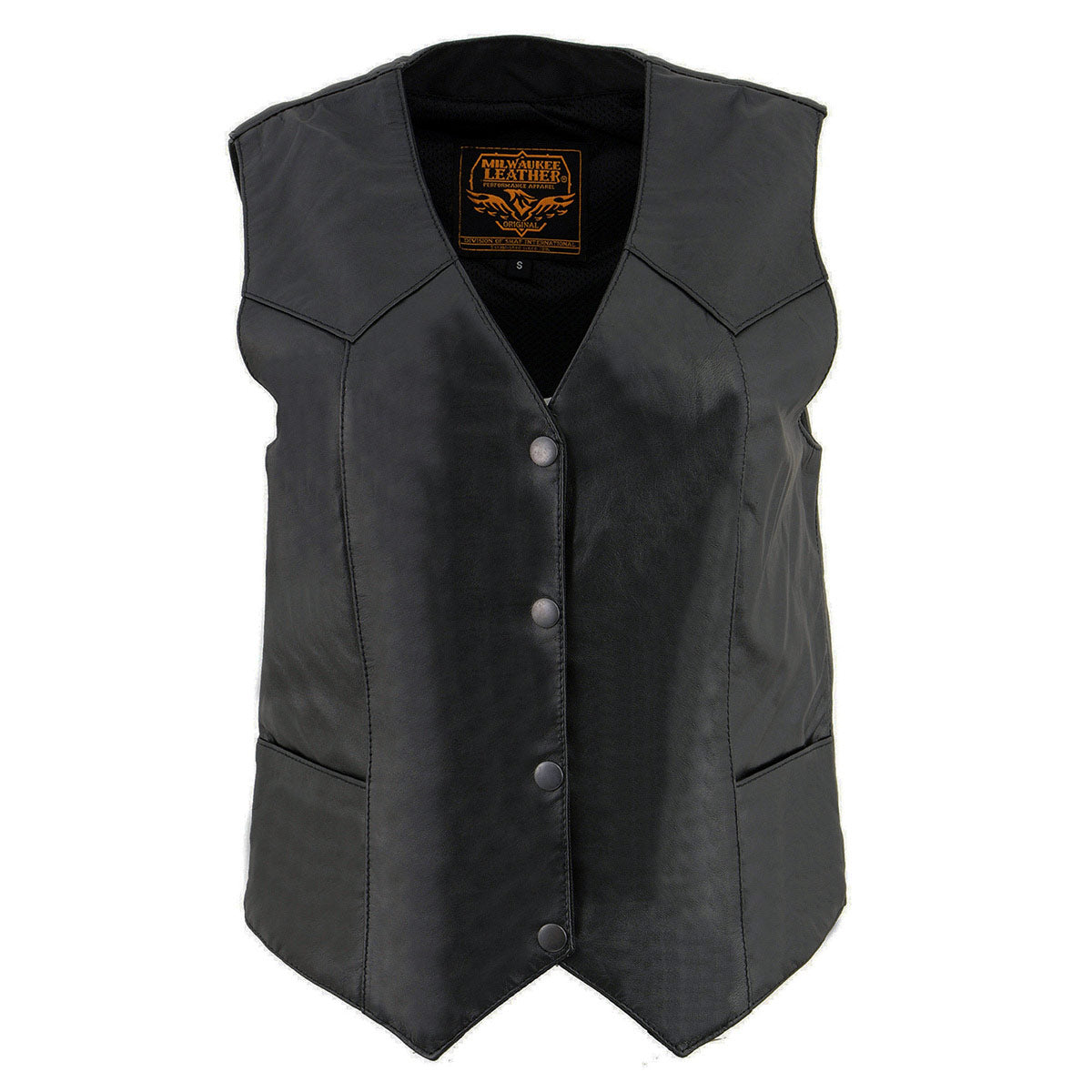 SH1227 Women's Black Leather Classic Western Motorcycle Rider Vest- Front 4-Snap Button Closure