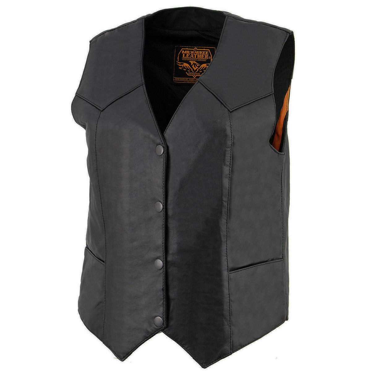 SH1227 Women's Black Leather Classic Western Motorcycle Rider Vest- Front 4-Snap Button Closure