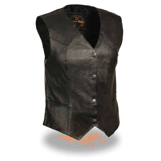 SH1227 Women's Black Leather Classic Western Motorcycle Rider Vest- Front 4-Snap Button Closure