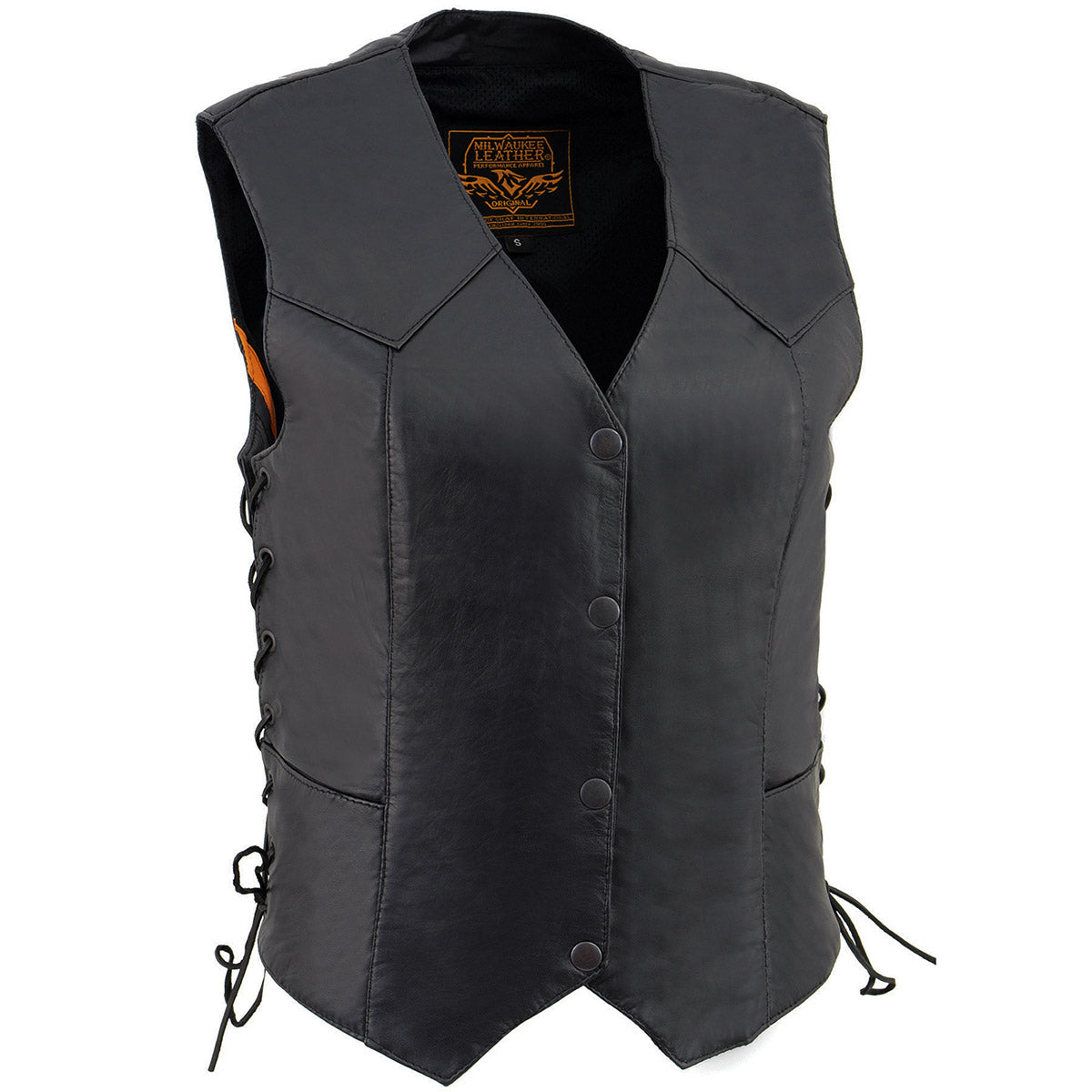 SH1227L Women's Black Leather Side Laces Classic Western Motorcycle Rider Vest W/4-Snaps Closure