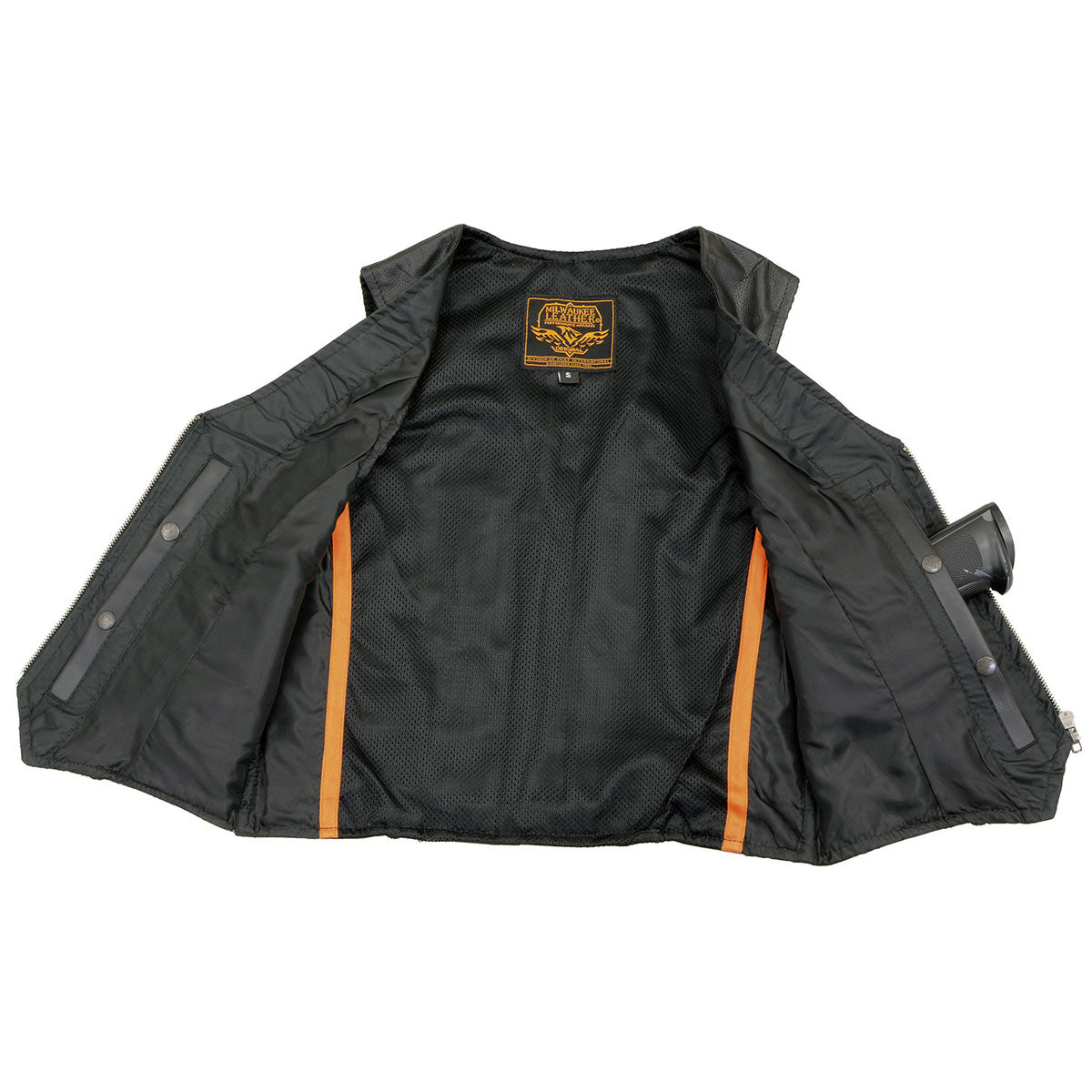 SH1246Z Women's Black Leather Classic Braided Motorcycle Rider Vest with Zipper Closure