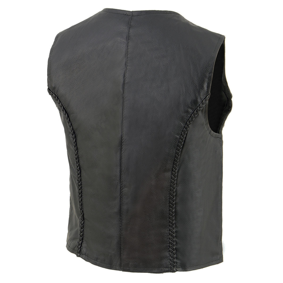 SH1246Z Women's Black Leather Classic Braided Motorcycle Rider Vest with Zipper Closure