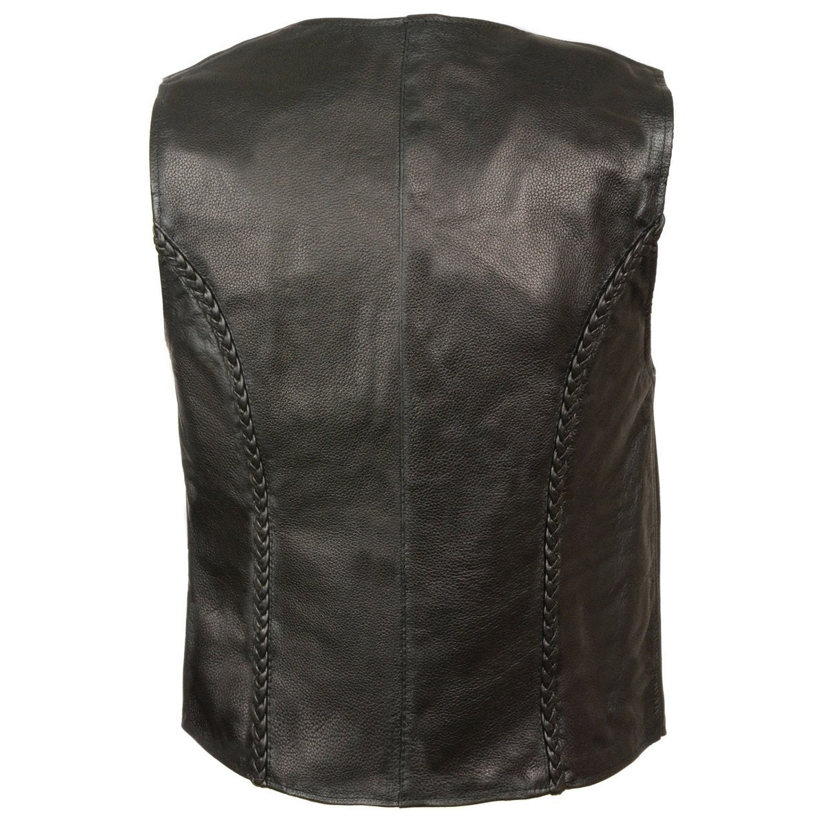 SH1246Z Women's Black Leather Classic Braided Motorcycle Rider Vest with Zipper Closure