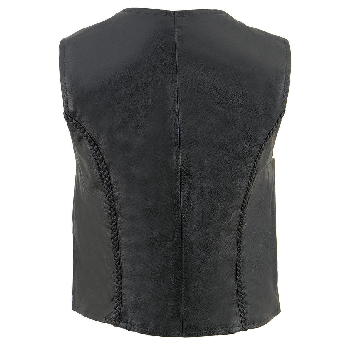 SH1246Z Women's Black Leather Classic Braided Motorcycle Rider Vest with Zipper Closure