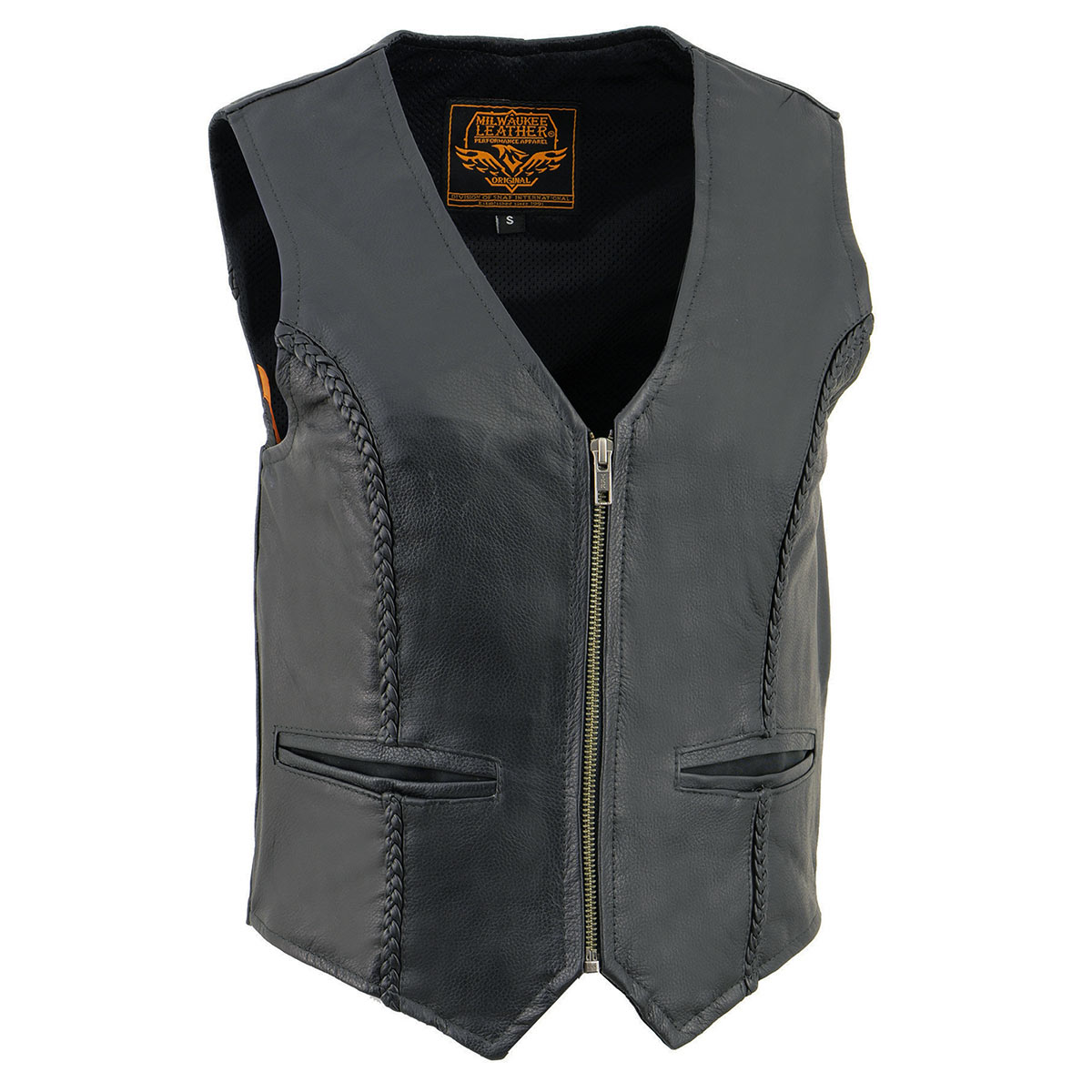 SH1246Z Women's Black Leather Classic Braided Motorcycle Rider Vest with Zipper Closure