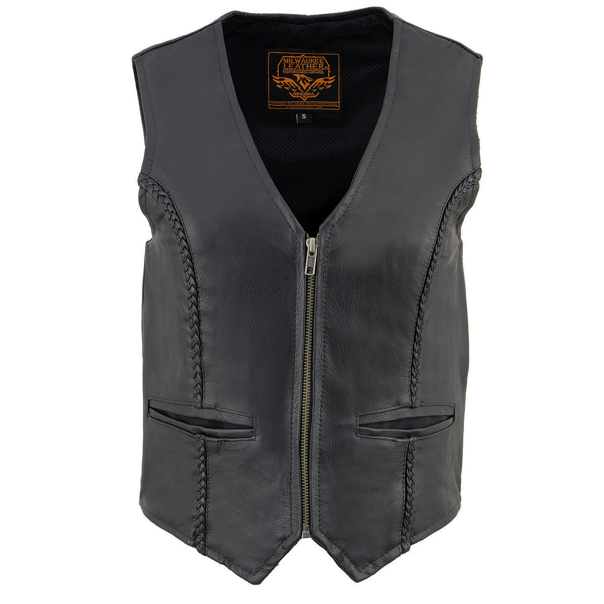 SH1246Z Women's Black Leather Classic Braided Motorcycle Rider Vest with Zipper Closure