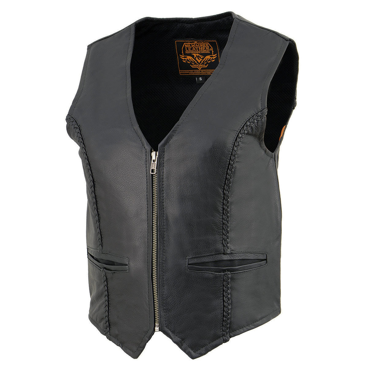 SH1246Z Women's Black Leather Classic Braided Motorcycle Rider Vest with Zipper Closure
