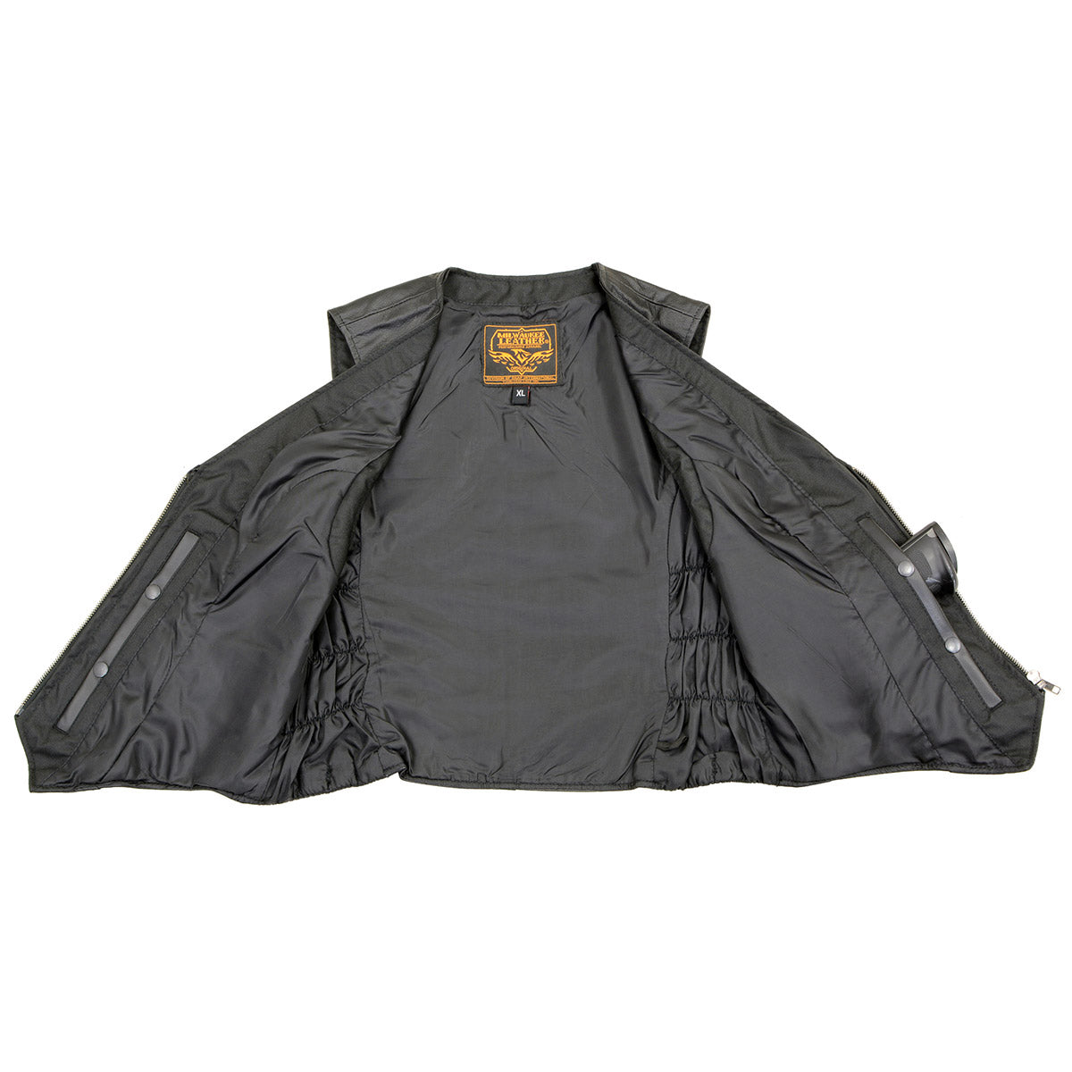 SH1288 Women's Black Leather Deep V-Neck Motorcycle Rider Vest with Side Stretch Panels