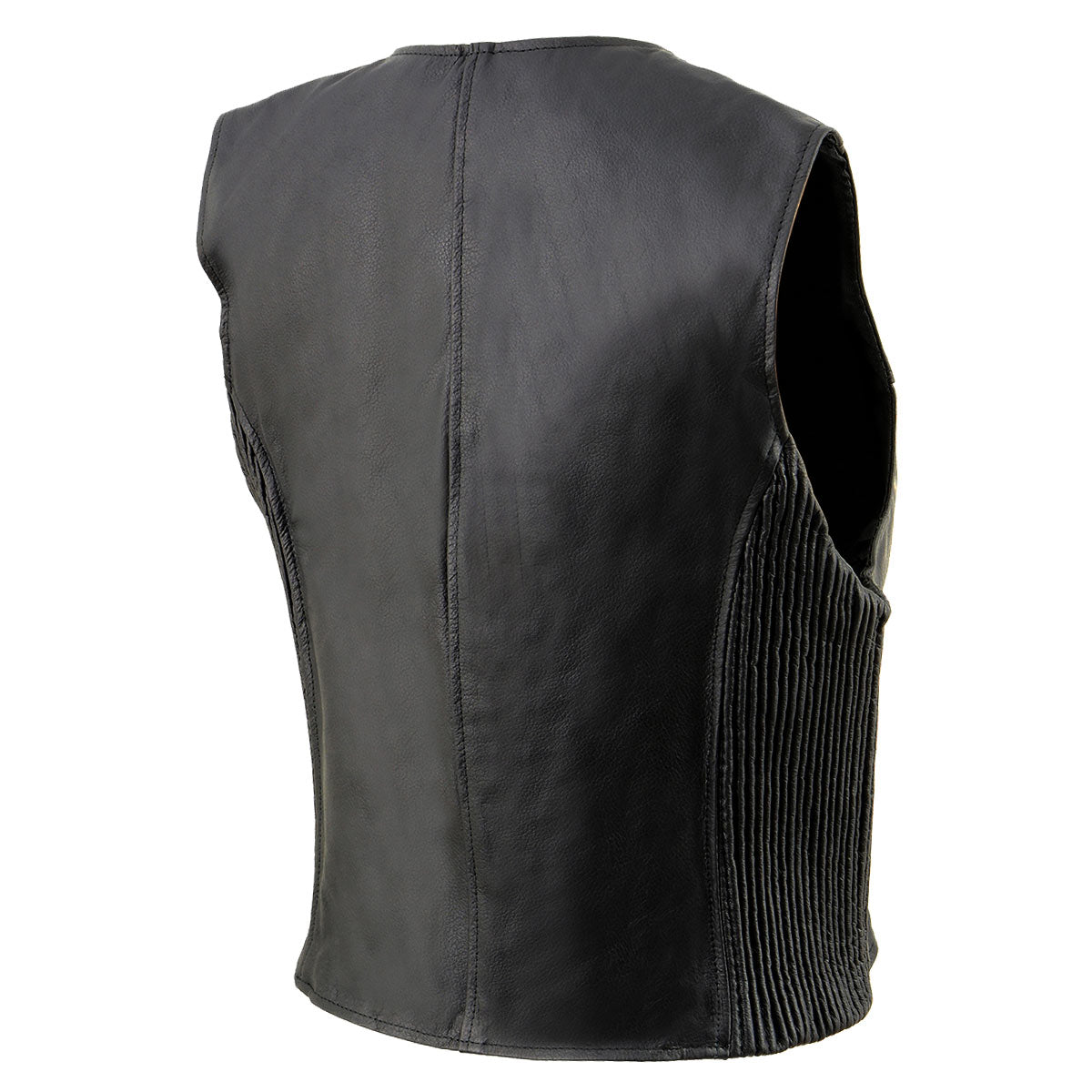 SH1288 Women's Black Leather Deep V-Neck Motorcycle Rider Vest with Side Stretch Panels