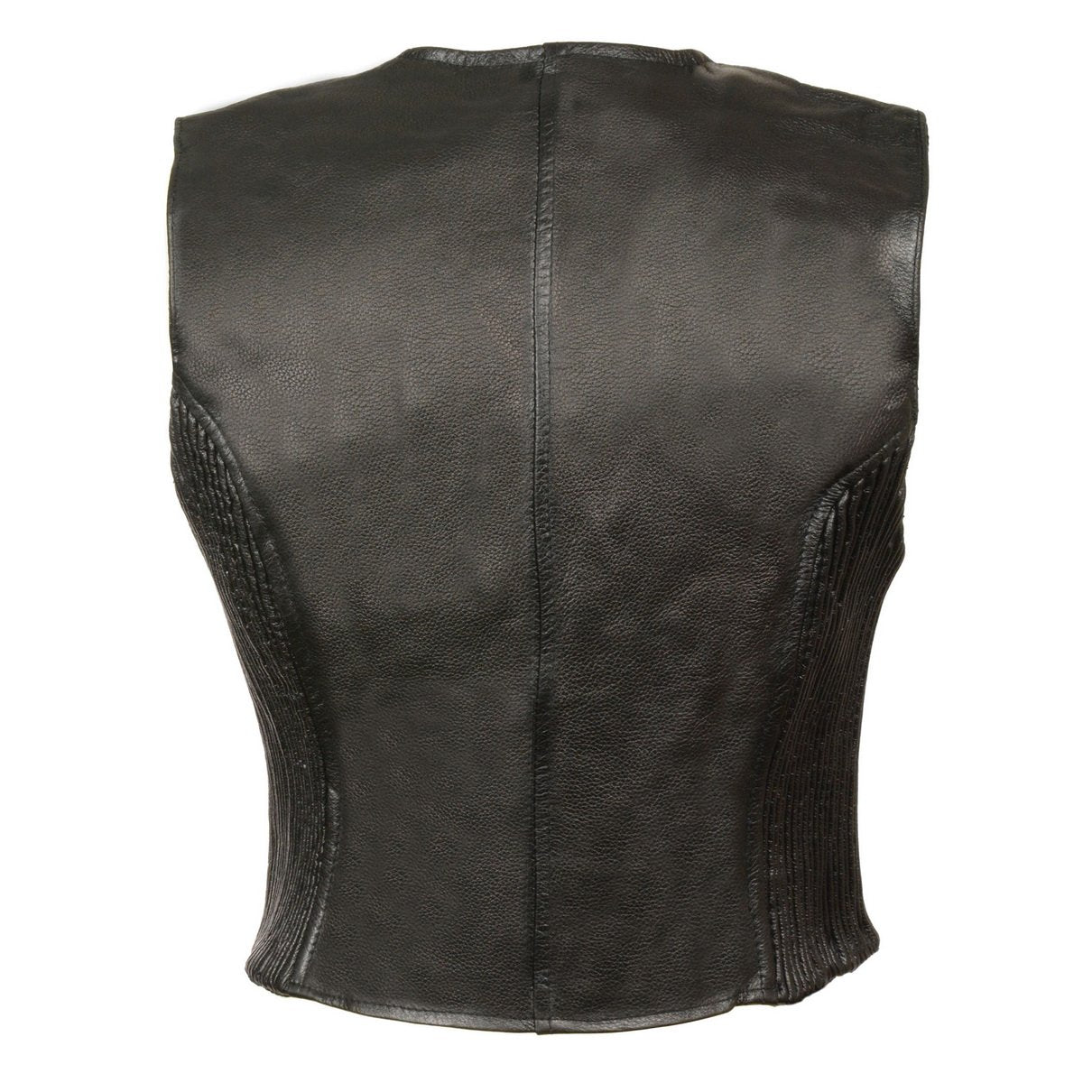 SH1288 Women's Black Leather Deep V-Neck Motorcycle Rider Vest with Side Stretch Panels