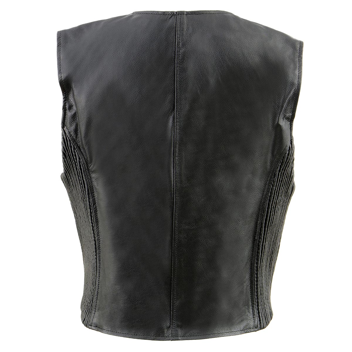 SH1288 Women's Black Leather Deep V-Neck Motorcycle Rider Vest with Side Stretch Panels