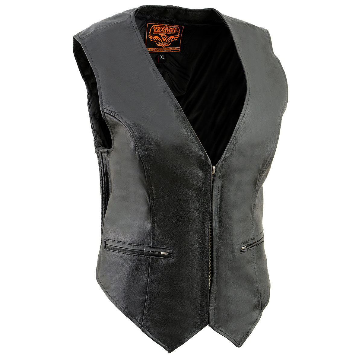 SH1288 Women's Black Leather Deep V-Neck Motorcycle Rider Vest with Side Stretch Panels