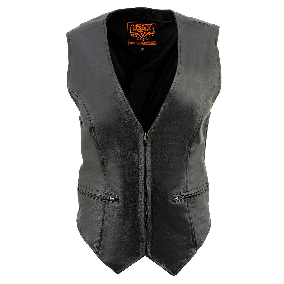 SH1288 Women's Black Leather Deep V-Neck Motorcycle Rider Vest with Side Stretch Panels