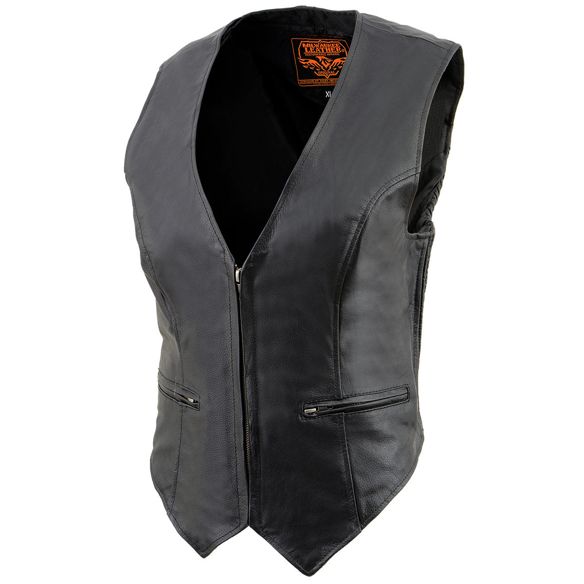 SH1288 Women's Black Leather Deep V-Neck Motorcycle Rider Vest with Side Stretch Panels