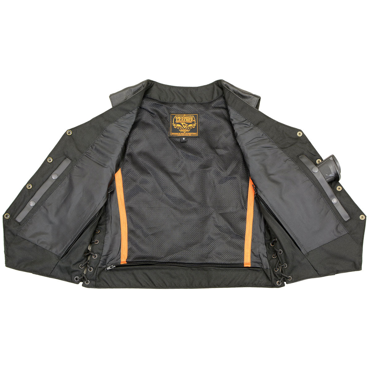 SH1292 Women's Black Leather Side Lace 6 Pocket Motorcycle Rider Vest- Antique Color Snap Closure