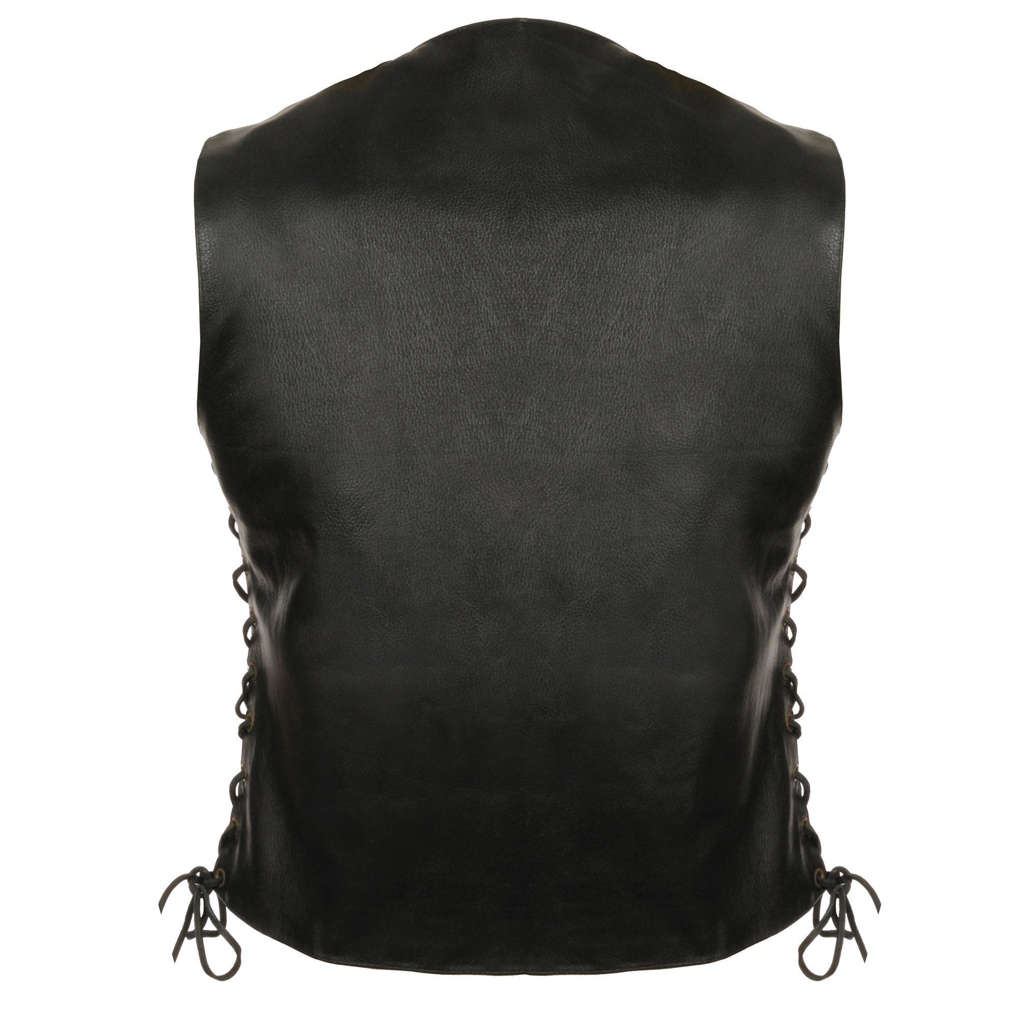 SH1292 Women's Black Leather Side Lace 6 Pocket Motorcycle Rider Vest- Antique Color Snap Closure