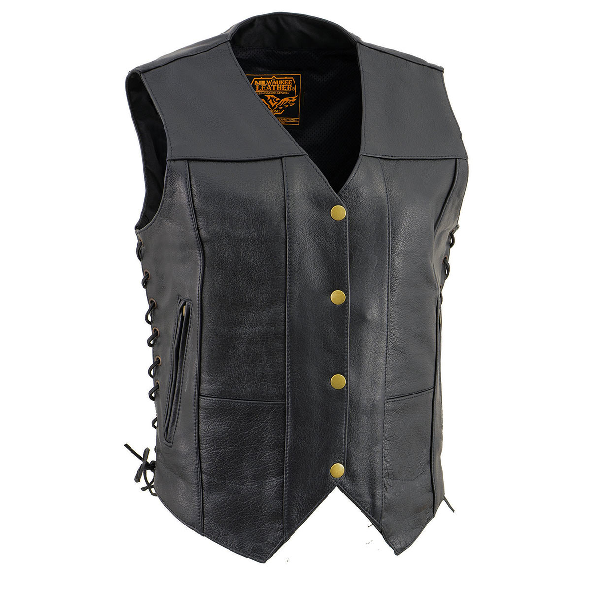 SH1292 Women's Black Leather Side Lace 6 Pocket Motorcycle Rider Vest- Antique Color Snap Closure