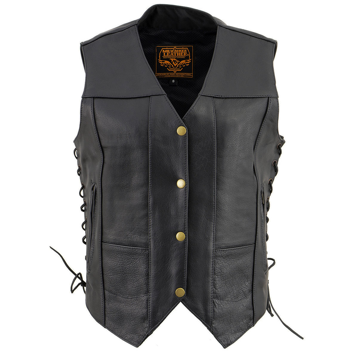 SH1292 Women's Black Leather Side Lace 6 Pocket Motorcycle Rider Vest- Antique Color Snap Closure