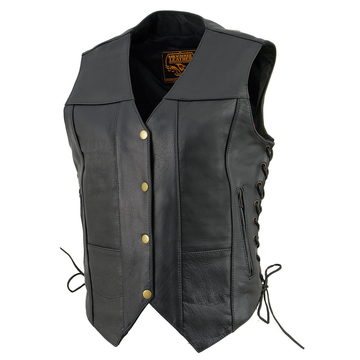 SH1292 Women's Black Leather Side Lace 6 Pocket Motorcycle Rider Vest- Antique Color Snap Closure