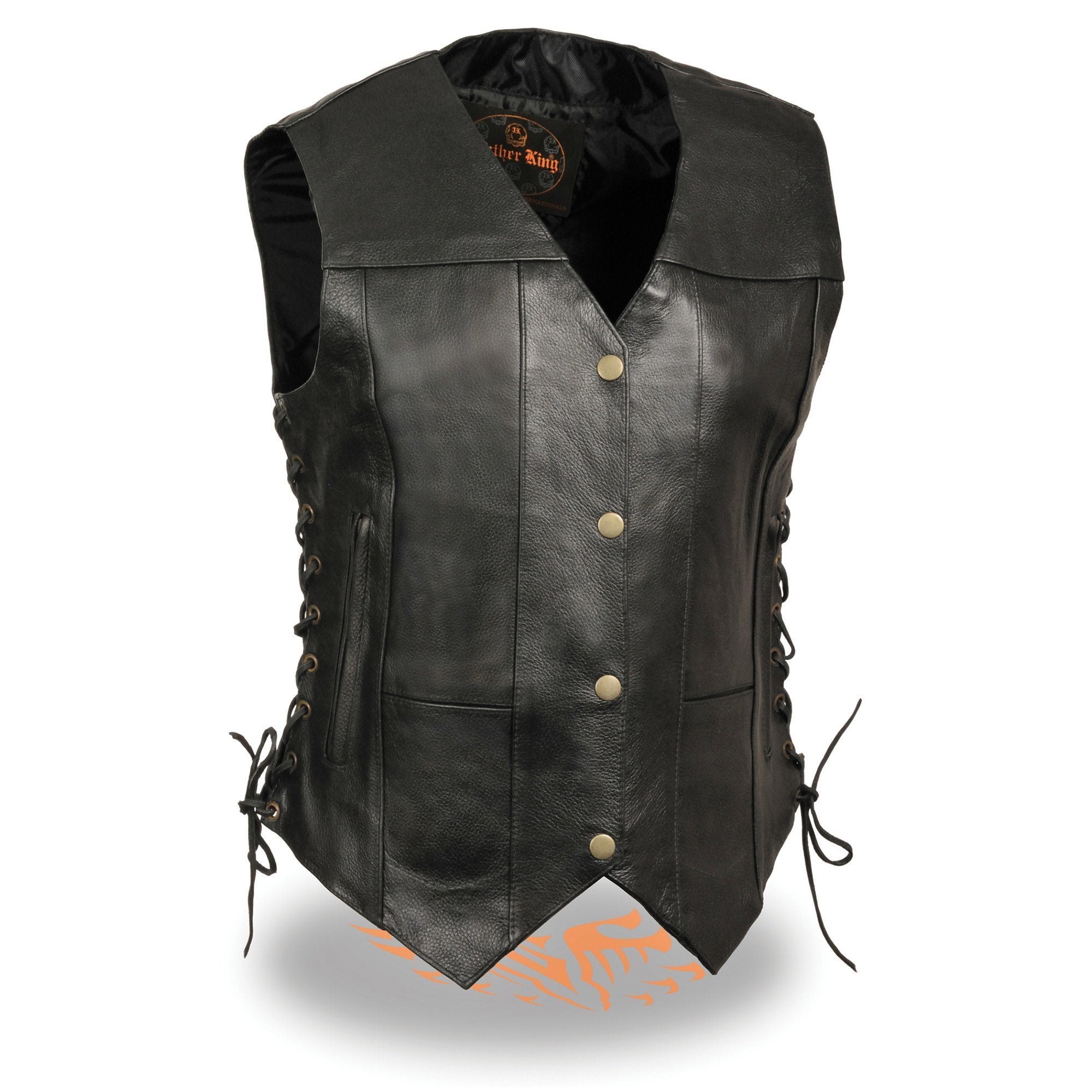 SH1292 Women's Black Leather Side Lace 6 Pocket Motorcycle Rider Vest- Antique Color Snap Closure