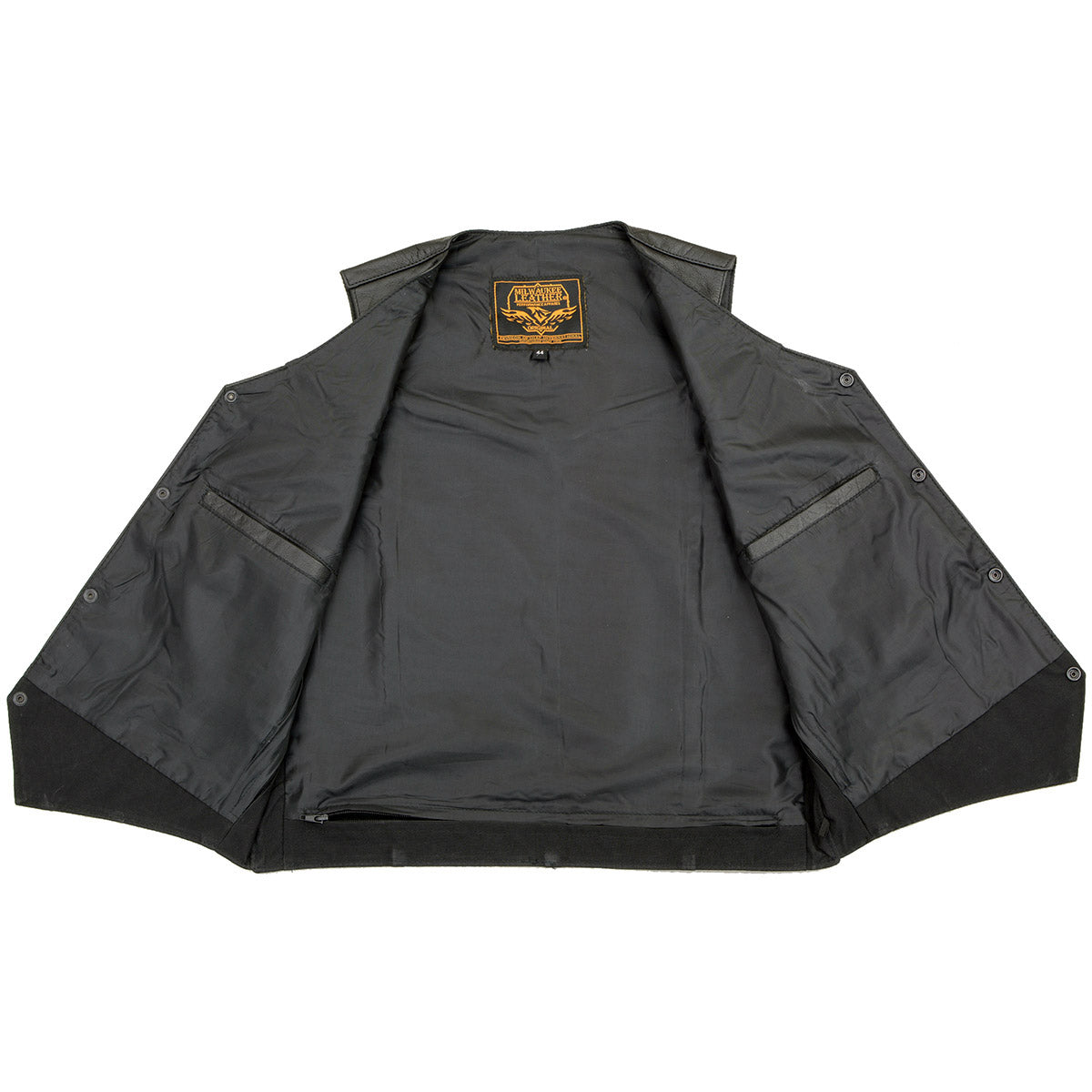 SH1310 Men's Black Leather Classic V-Neck Motorcycle Rider Vest w/ Front Snap Button Closure