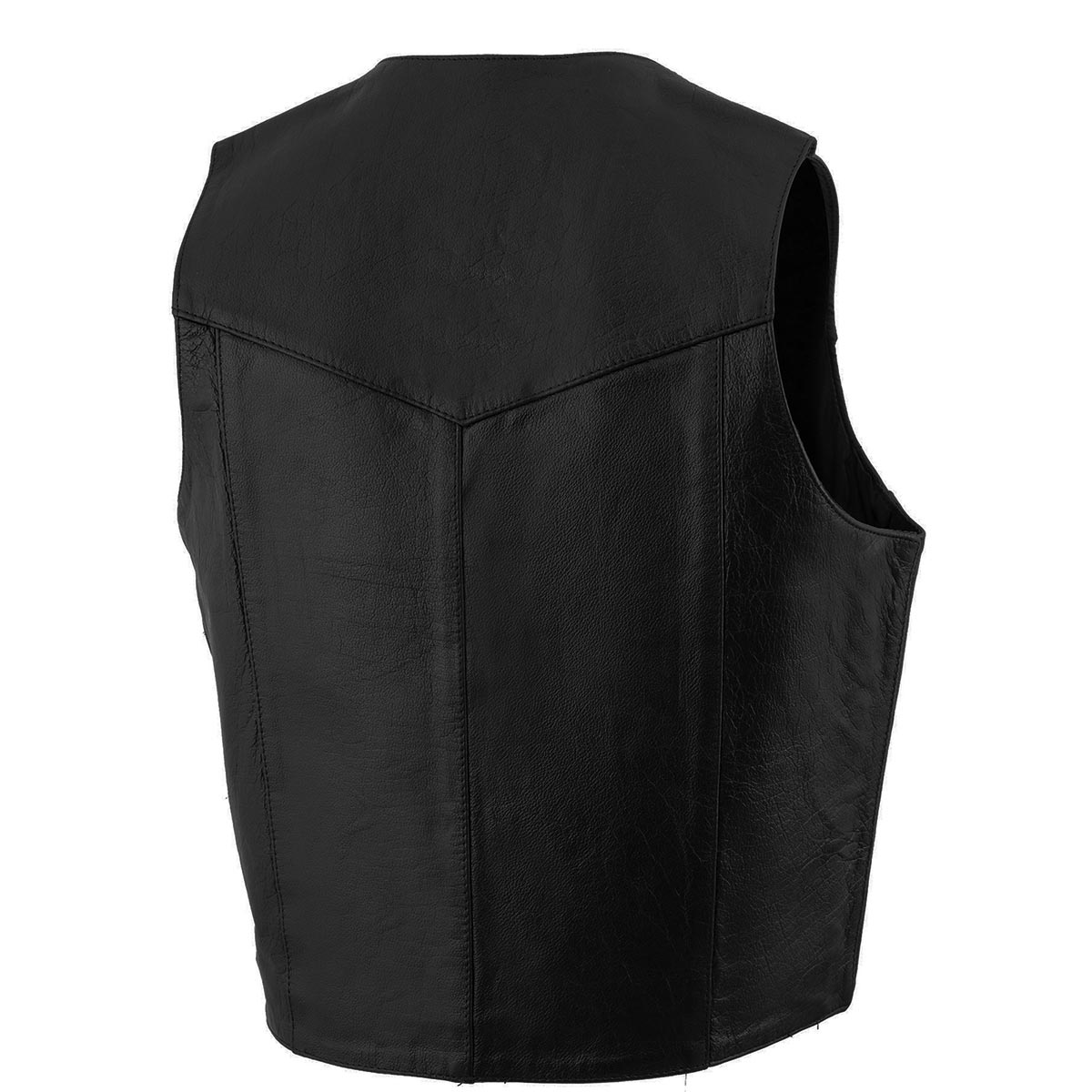 SH1310 Men's Black Leather Classic V-Neck Motorcycle Rider Vest w/ Front Snap Button Closure