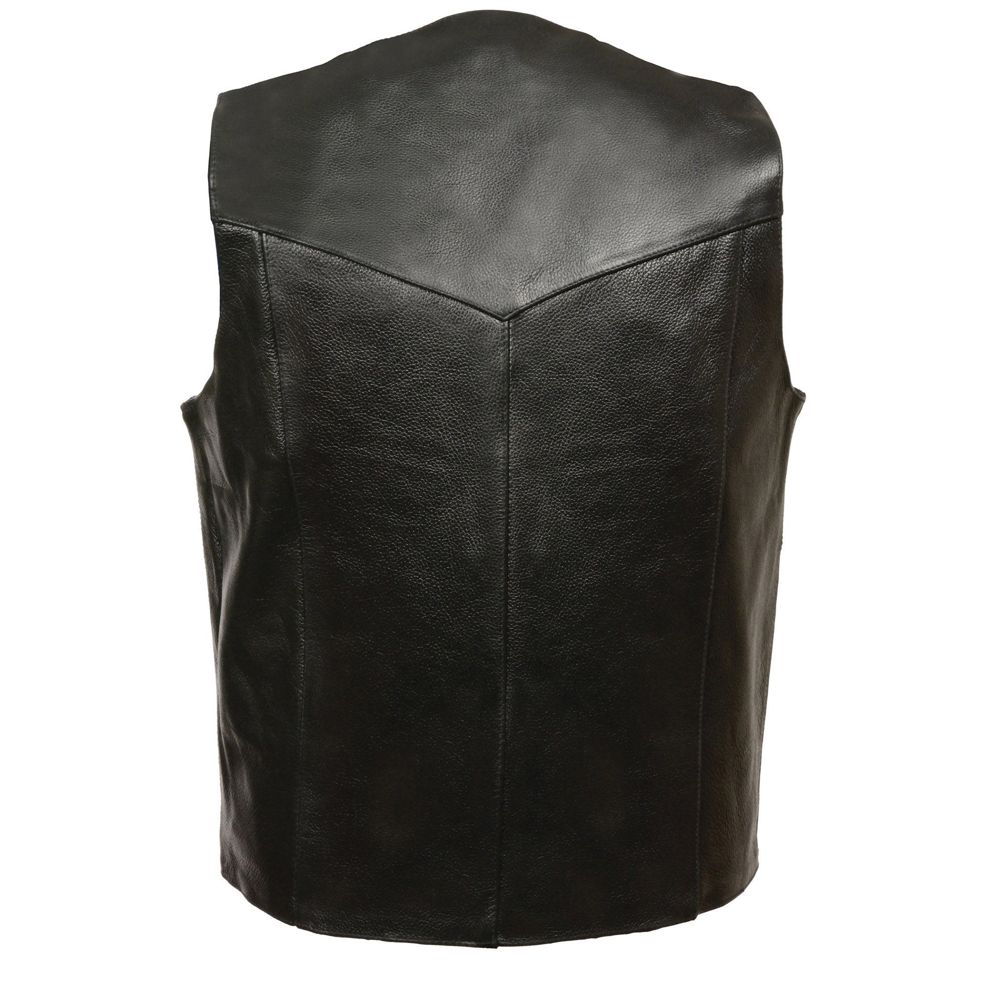 SH1310 Men's Black Leather Classic V-Neck Motorcycle Rider Vest w/ Front Snap Button Closure