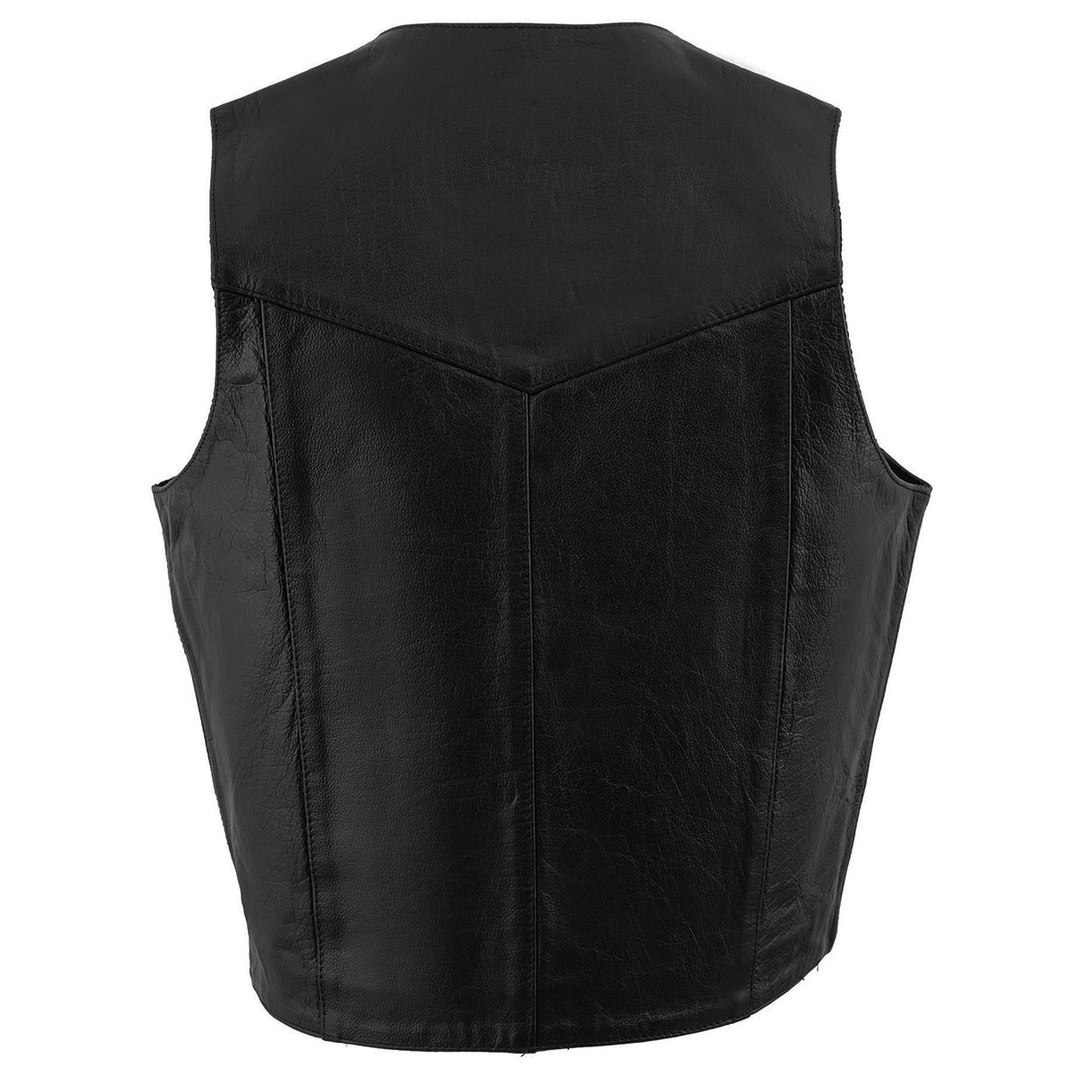 SH1310 Men's Black Leather Classic V-Neck Motorcycle Rider Vest w/ Front Snap Button Closure