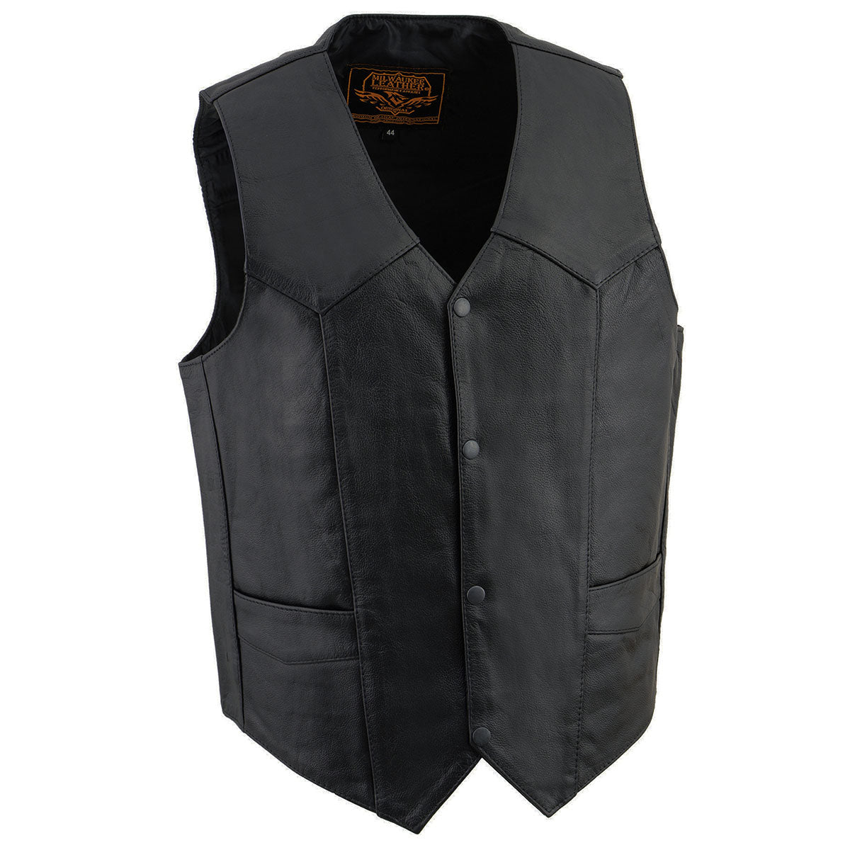 SH1310 Men's Black Leather Classic V-Neck Motorcycle Rider Vest w/ Front Snap Button Closure