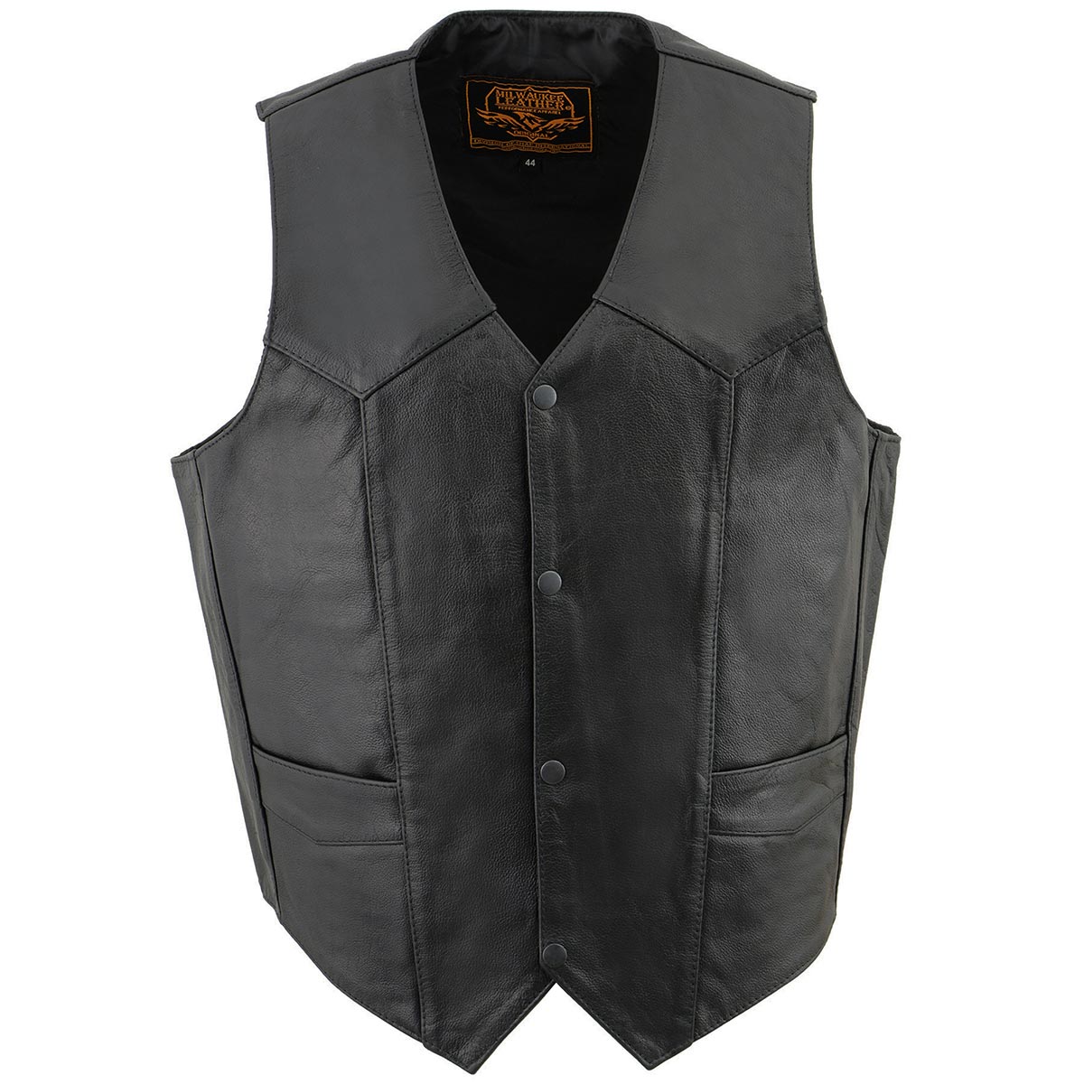 SH1310 Men's Black Leather Classic V-Neck Motorcycle Rider Vest w/ Front Snap Button Closure