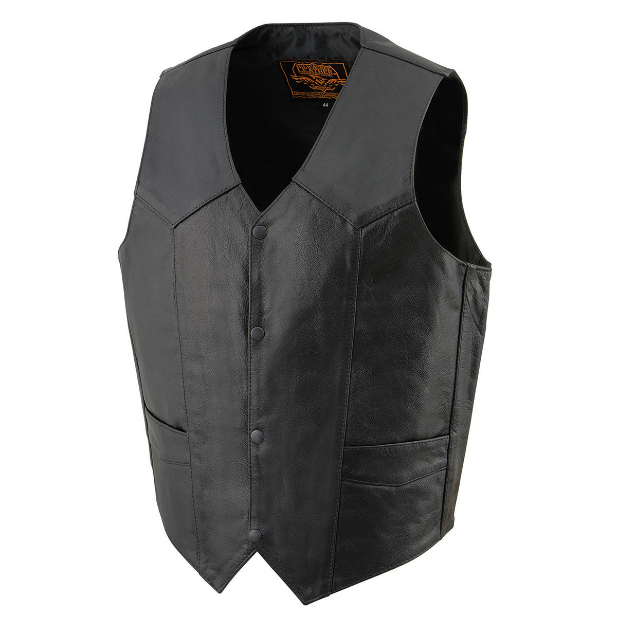 SH1310 Men's Black Leather Classic V-Neck Motorcycle Rider Vest w/ Front Snap Button Closure