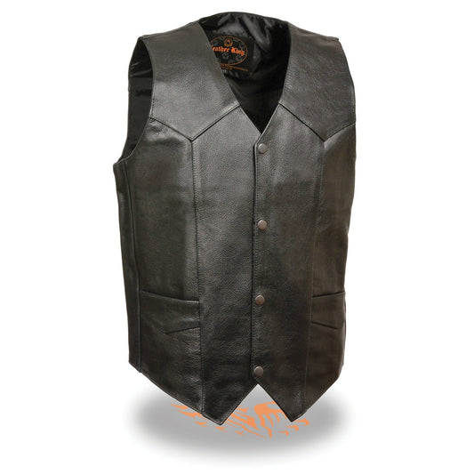 SH1310 Men's Black Leather Classic V-Neck Motorcycle Rider Vest w/ Front Snap Button Closure